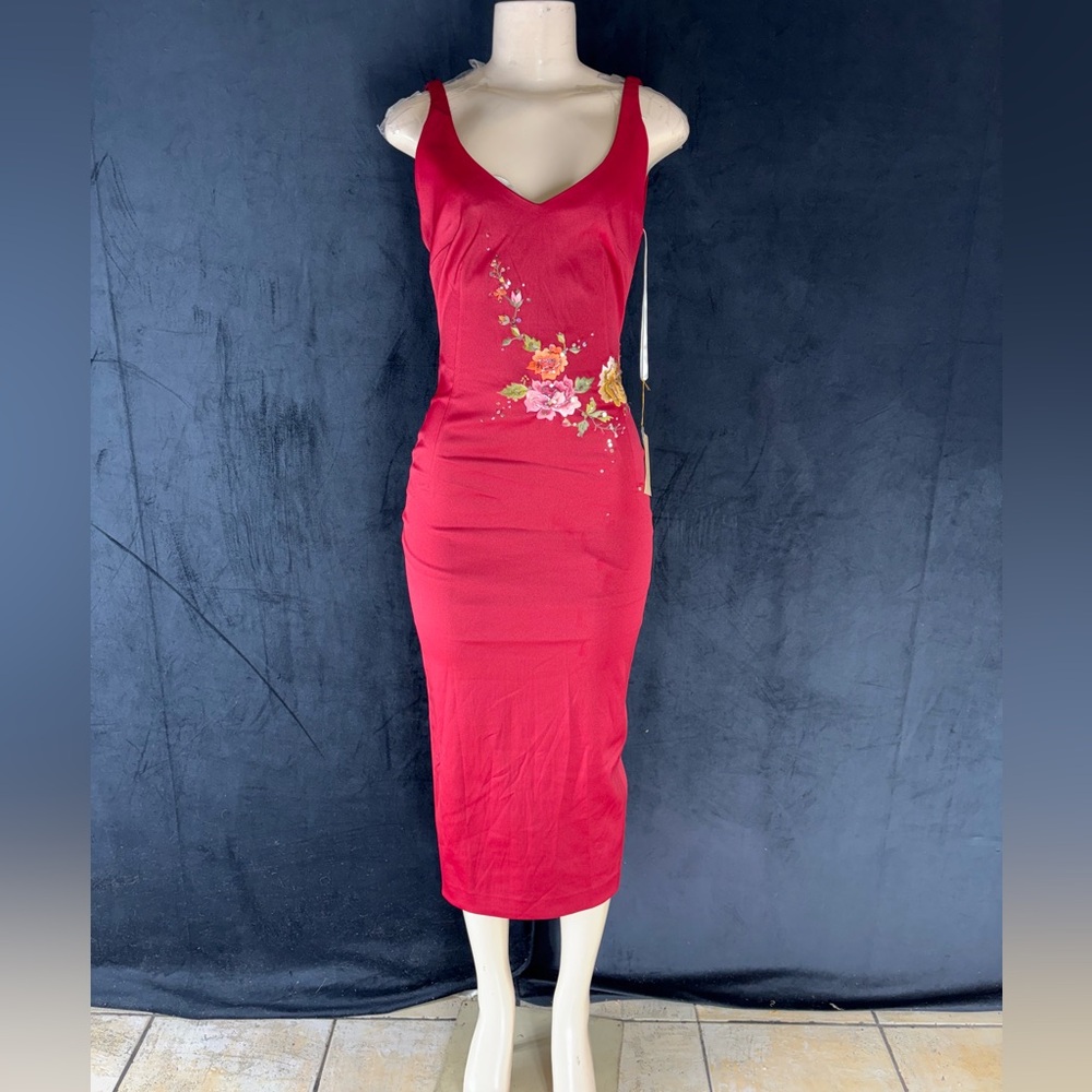 Chic Red Dress with Floral Accents